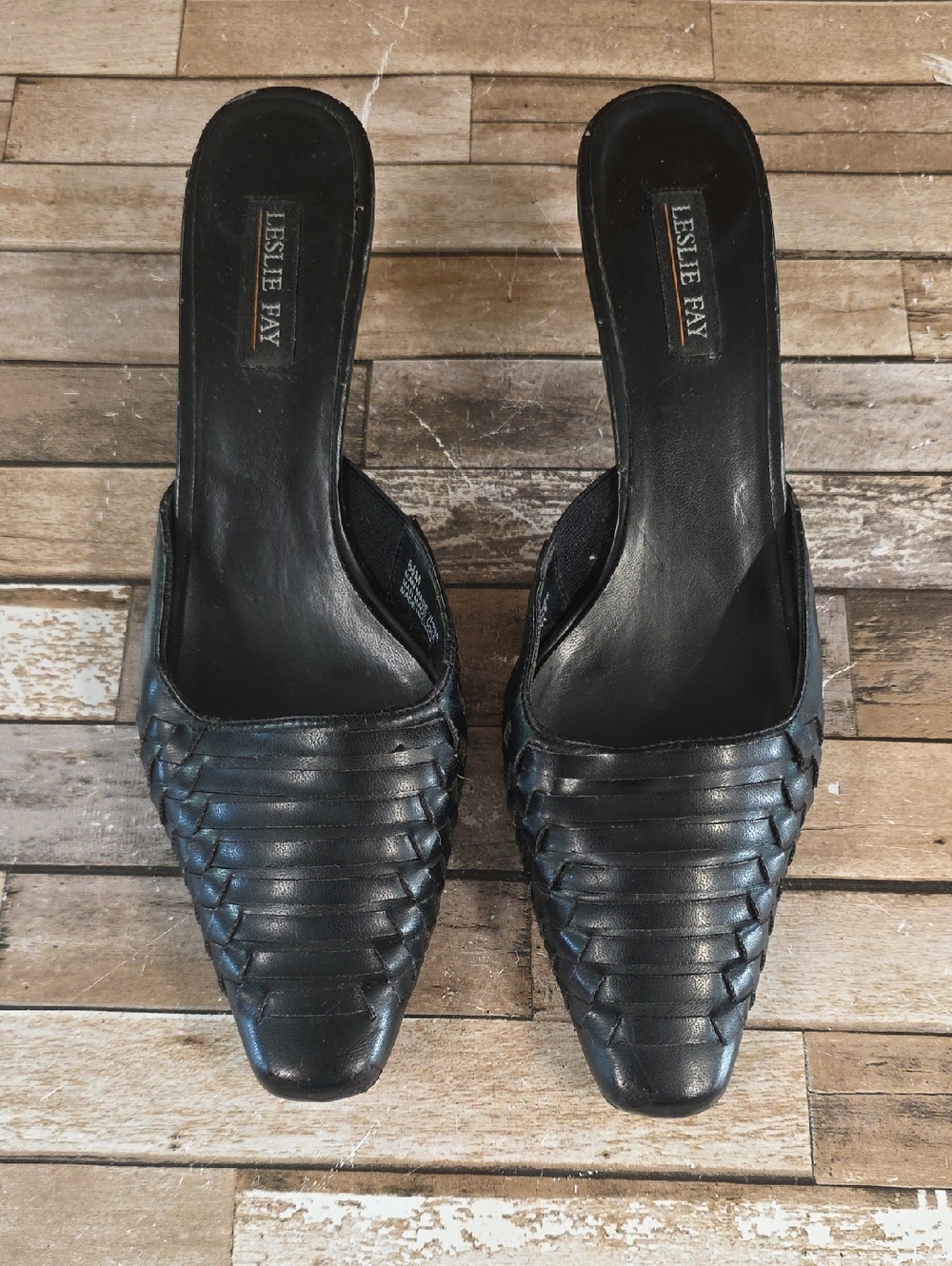 Leslie Fay Black Woven Leather Slip-On Mules